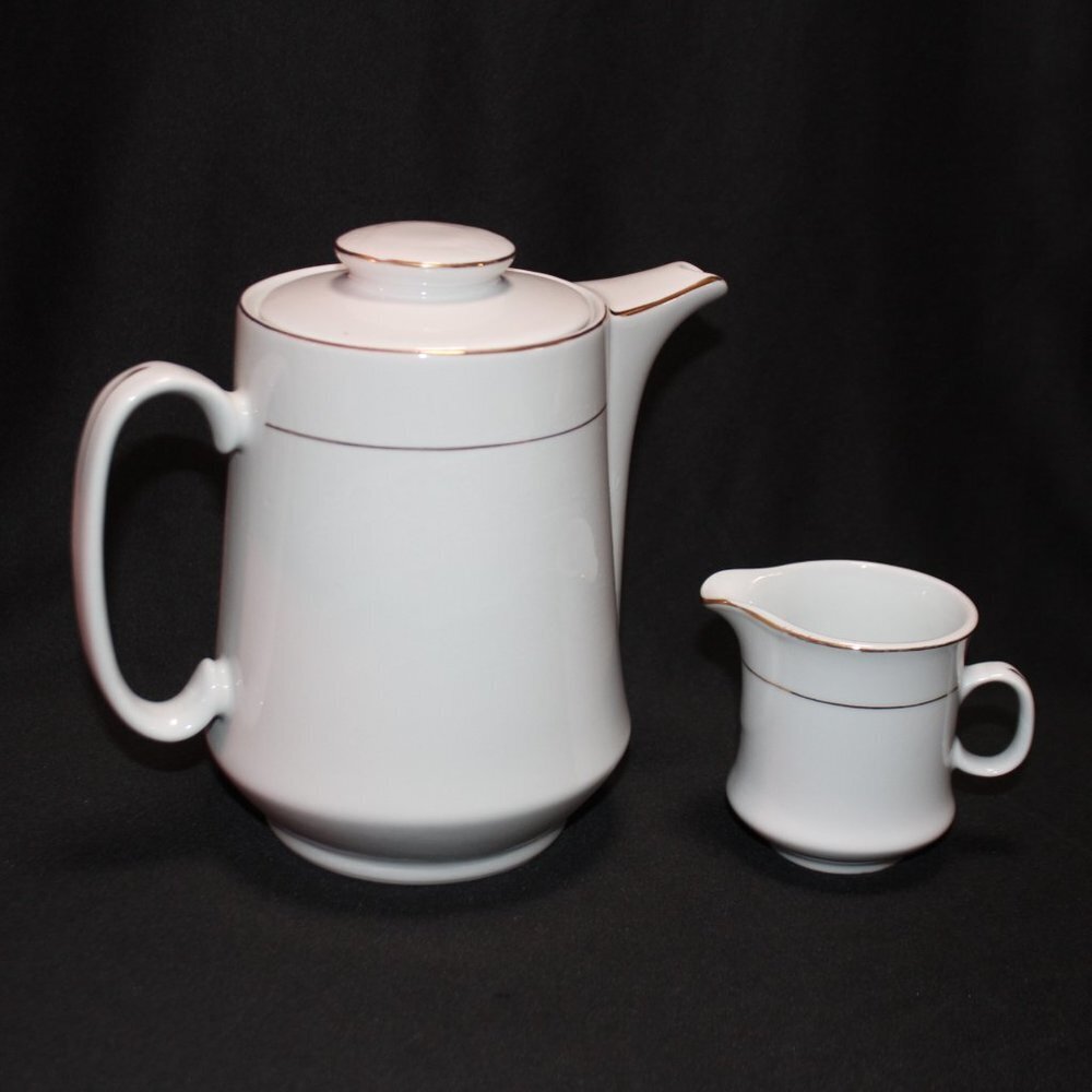 Vintage Lynns Fine China Teapot and Creamer White with Gold Trim